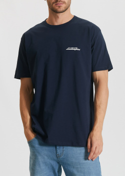 Синя футболка Automobili Lamborghini з брендовим малюнком на спині, фото